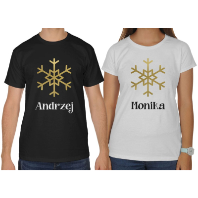 Koszulki dla par zakochanych świąteczne na święta komplet 2 szt Płatki śniegu + imiona